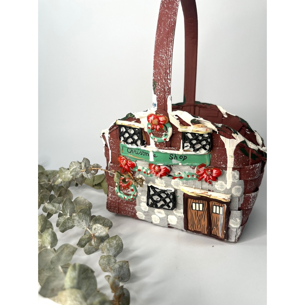 Hand-Painted Holiday Basket Cottage Design Wicker Christmas Shop